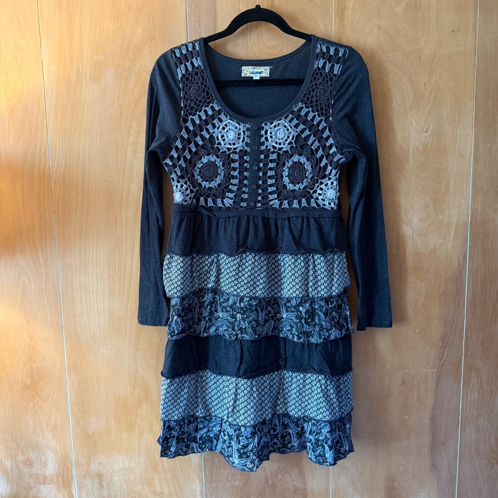 Whimsygoth Crochet Lace Tiered Ruffle Boho Dress L